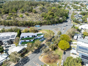 Aerial CGI montage showing a proposed child care facility integrated into the Wyndham Road Morningside site