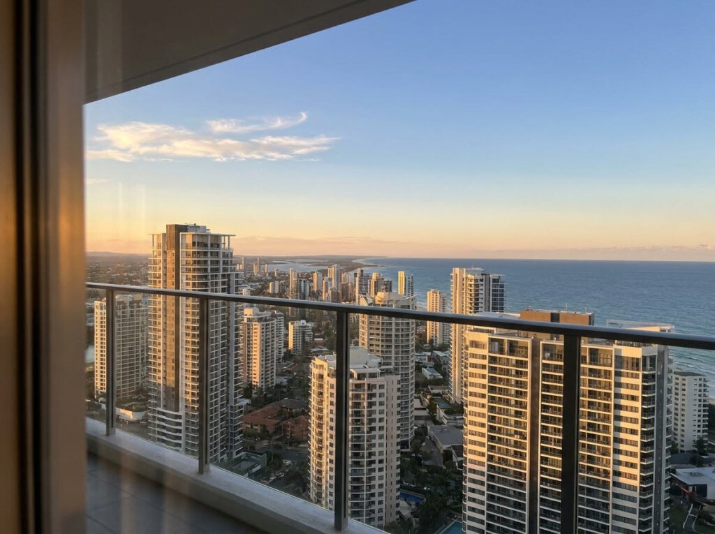 Aerial view from a high-rise apartment level looking over a dense Australian coastal skyline at golden hour, illustrating AHD-accurate view line photography for off-the-plan property marketing.