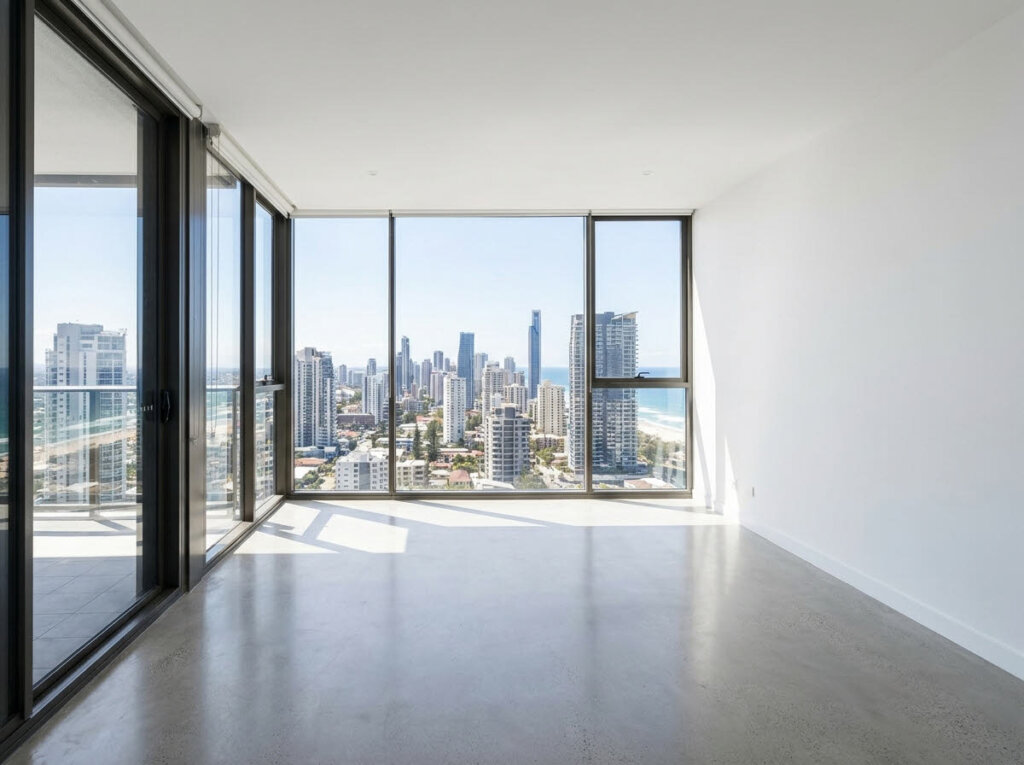 Interior view from a newly completed high-rise apartment looking through floor-to-ceiling windows toward a coastal Australian cityscape, representing the outlook a buyer sees at settlement.