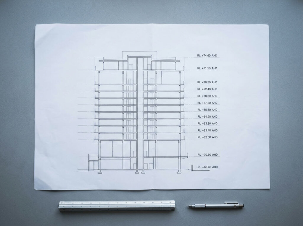 Architectural section drawing of a high-rise residential tower showing finished floor levels annotated in metres above Australian Height Datum (AHD), the reference standard for accurate view line photography.