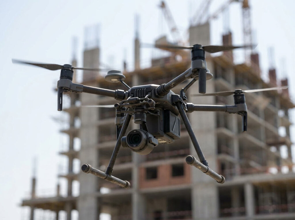 Enterprise RTK-positioned drone hovering near a partially constructed high-rise building, used for AHD-accurate aerial view line capture in property development marketing.